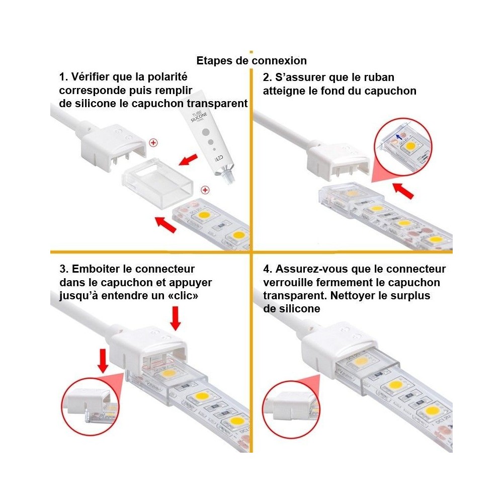 Connecteur d'alimentation étanche pour ruban LED mono IP68 jusqu'à 10mm sans soudure "Hippo"