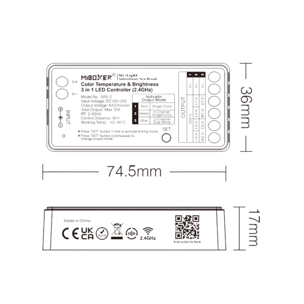 Mini contrôleur Dimmer et CCT 12A - 2.4GHz - 4 Zones - MiBoxer - SR2-2