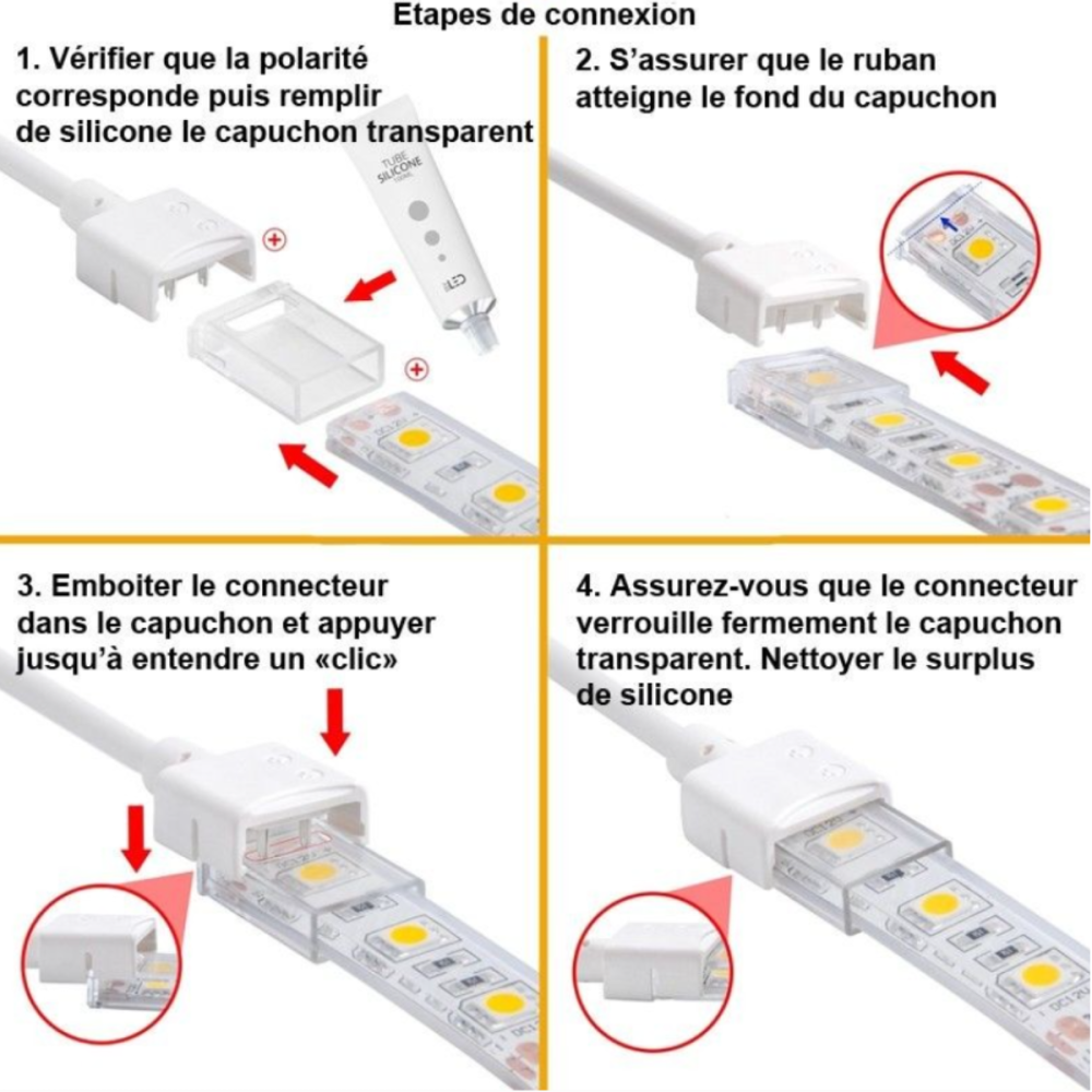 Jonction câblée étanche pour ruban COB Performance 8W IP68 10mm sans soudure